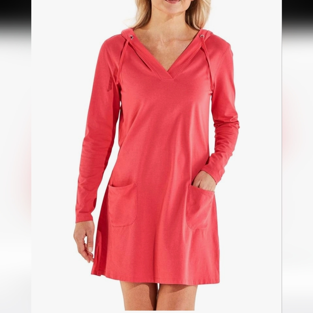 Coolibar Hooded Swim Coverup Dress Radiant Coral Sz.M NWT